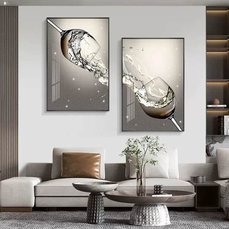 现代简约九鱼图双联客厅餐厅装饰画轻奢高档酒杯饭厅墙壁晶瓷挂画