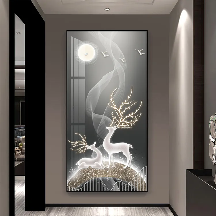 福禄现代简约玄关挂画轻奢大气入户走廊装饰画麋鹿客厅过道墙壁画
