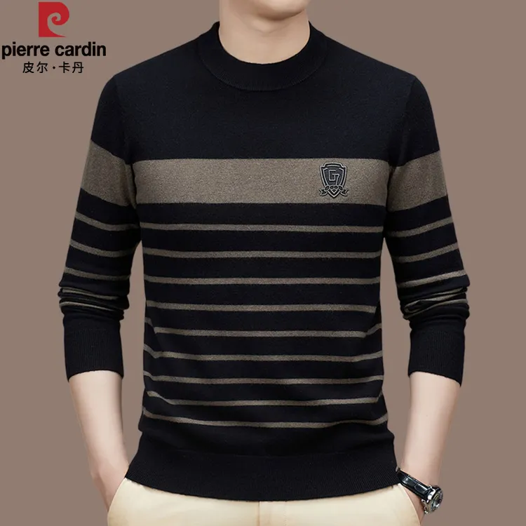 【国际大牌皮尔卡丹】高档100%纯羊毛衫男士冬季针织打底衫条纹毛衣