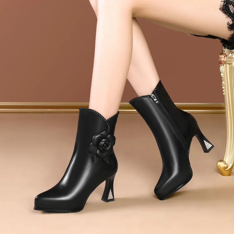 2025新款秋冬真皮靴子短靴女士高跟鞋防水台女鞋中跟高跟靴子短靴