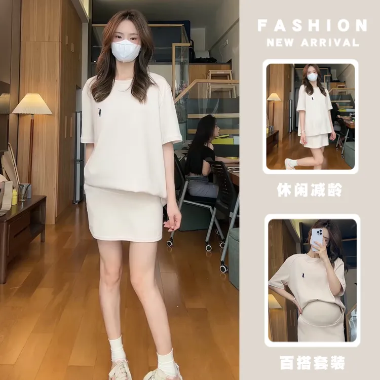 韩版孕妇休闲运动风圆领短袖+防走光短裙2025夏季新款女套装