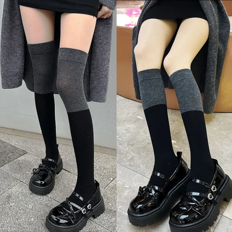 过膝袜压力高弹黑灰拼接长筒袜子女秋冬长款袜jk拼色显瘦小腿袜