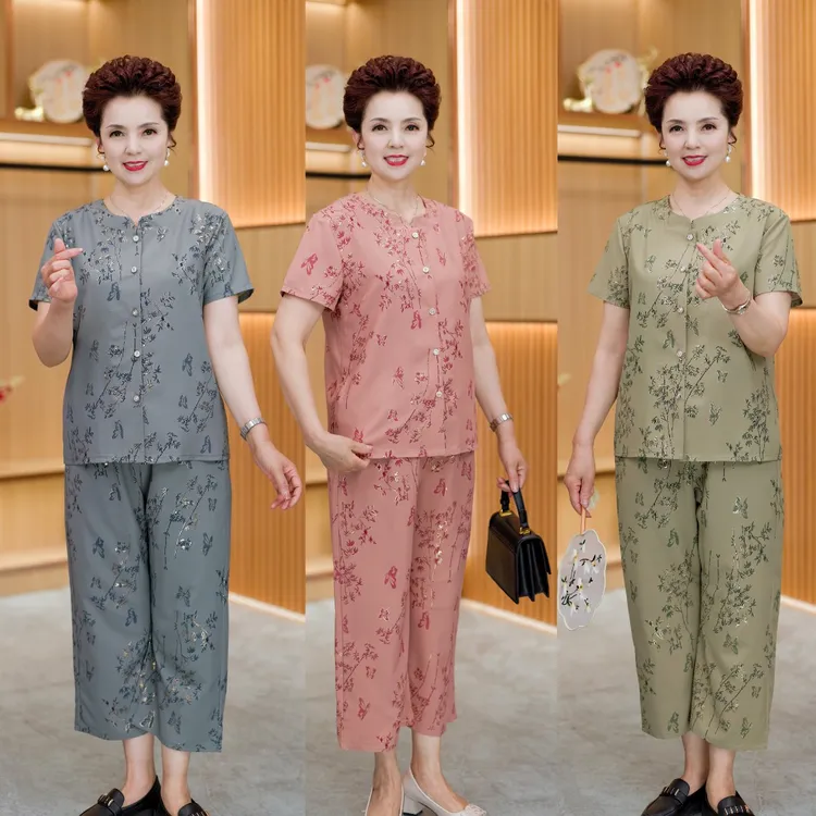 夏季洋气女装两件套时尚妈妈凉快老人衣服套装气质奶奶上衣中国风