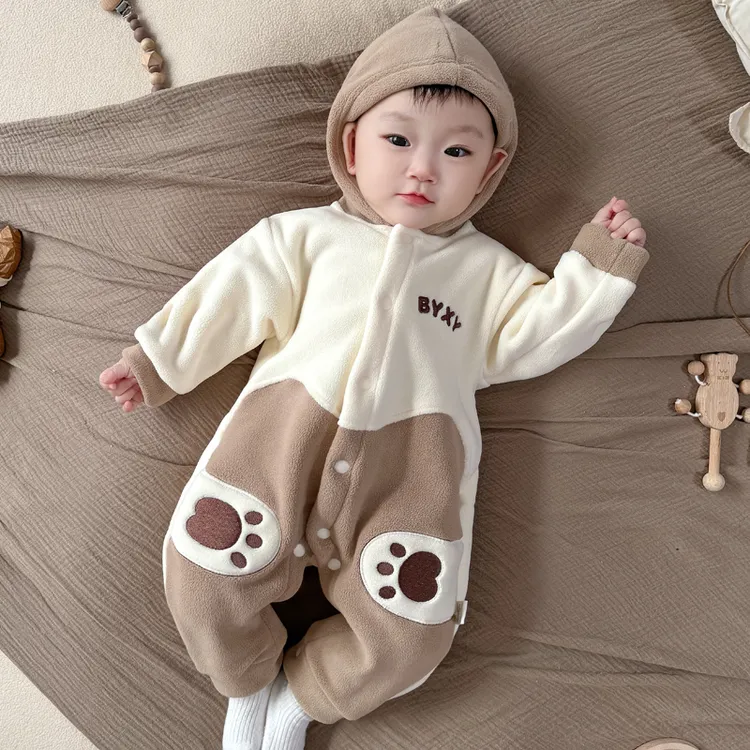 婴儿衣服秋冬新款连体衣满月宝宝冬季加厚哈衣初生儿加绒保暖爬服