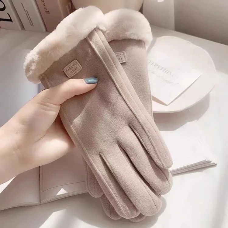 女士德绒秋冬季户外保暖防寒加绒骑行手套手指可触屏防滑耐磨X