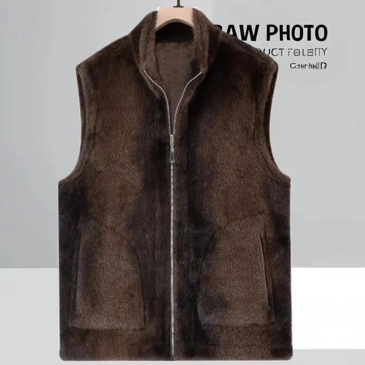 新款海宁立领男士外套双面秋冬皮毛时尚一体休闲加厚保暖坎肩马甲