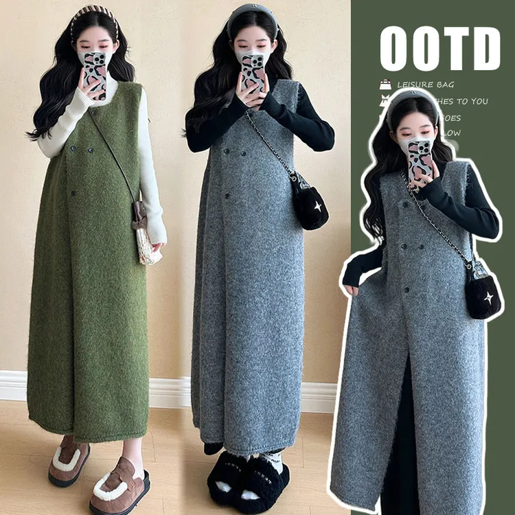 2024秋冬半高领毛衣连衣裙+毛衣马甲长裙孕妇套装宽松针织韩版