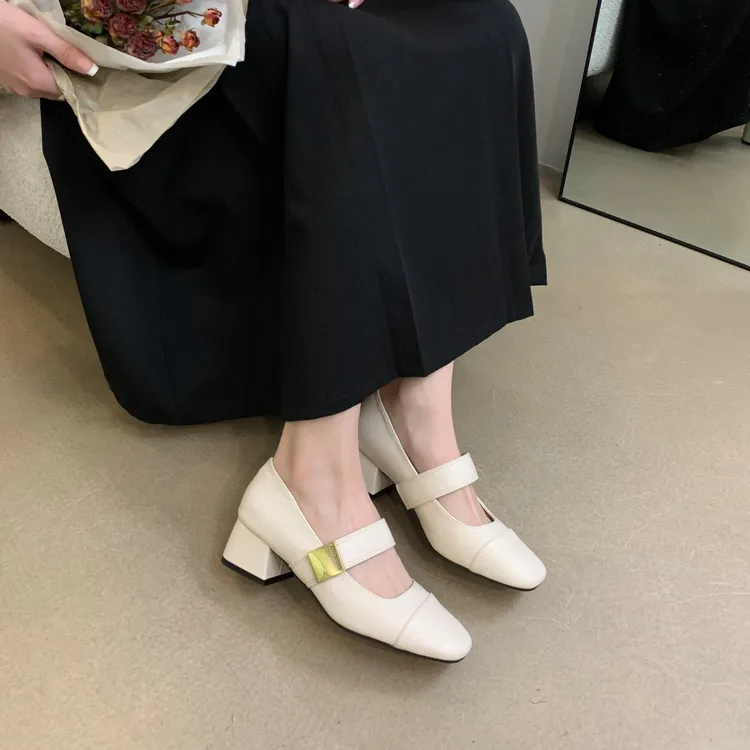 2024新款方头玛丽珍鞋法式一字带粗跟女鞋浅口晚鞋通勤女鞋811-1