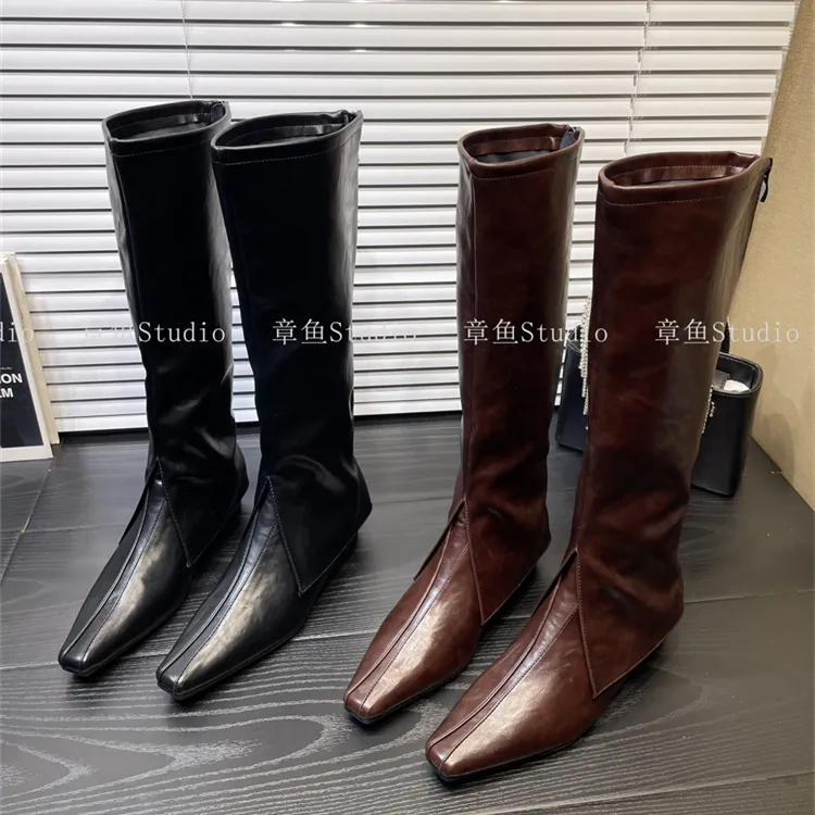 时髦精~法式复古不过膝长靴女方头内增高瘦瘦靴辣妹高筒骑士靴