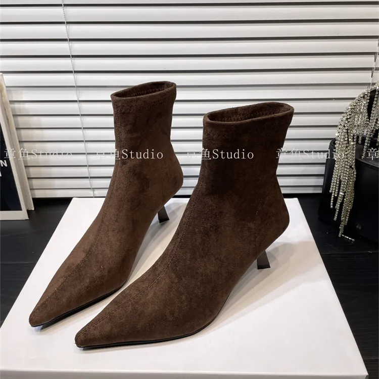 美拉德~秋冬气质细跟加绒裸靴套筒弹力瘦瘦靴猫跟尖头绒面短靴女