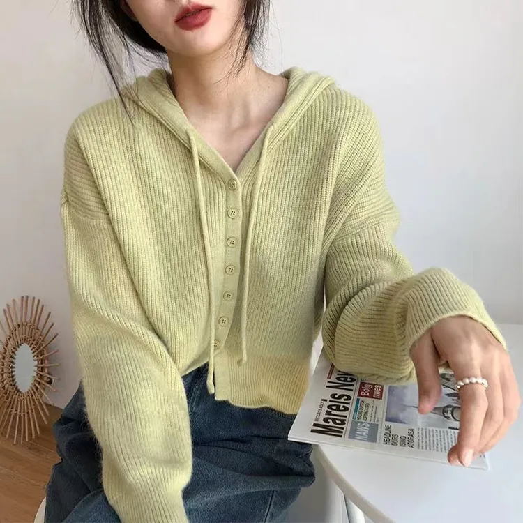 短款洋气高腰显瘦连帽开衫针织外套女2025春秋新款慵懒风毛衣外穿