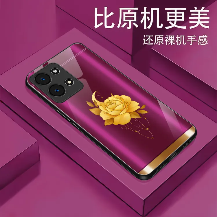 适用【OPPO Reno9 Pro】金色牡丹液态玻璃手机壳 轻奢优雅 防摔刮