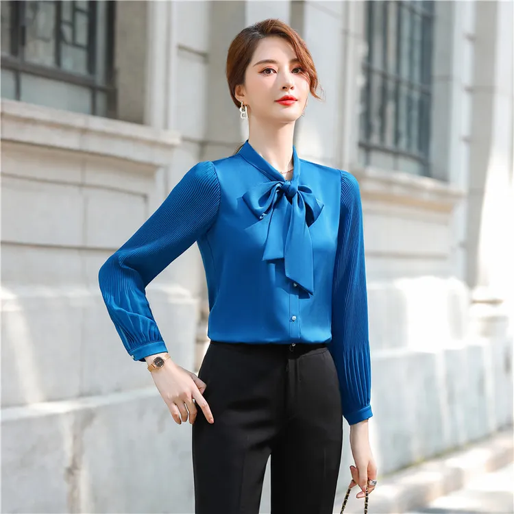 春秋女士高档衬衫长袖宝蓝时尚轻奢高级感洋气粉色衬衣女百搭上衣