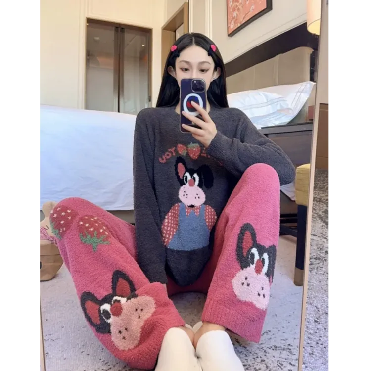 卡通可爱睡衣女款秋冬天半边绒家居服加厚款珊瑚绒圆领套装软绵绵