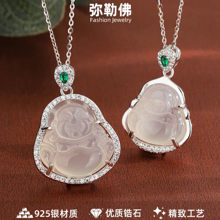 坠链均925银 纯银镶钻弥勒佛项链轻奢精致佛公锁骨链气质大佛公