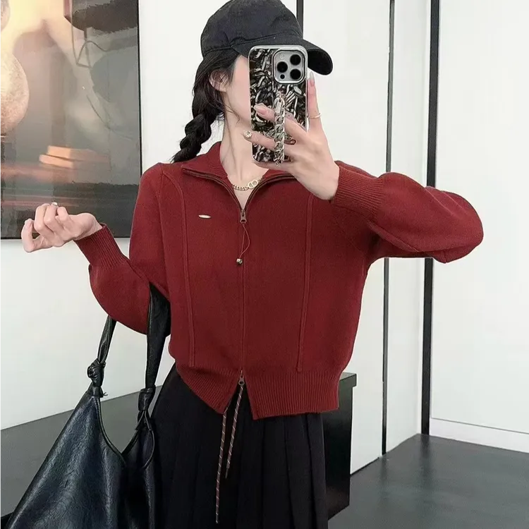 欧货立领双拉链羊毛针织开衫女春秋新款韩版时尚休闲减龄外穿上衣