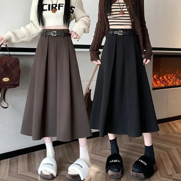 【送腰带】秋冬毛呢中长款半身裙女高腰遮胯大摆A字裙韩版百褶伞裙