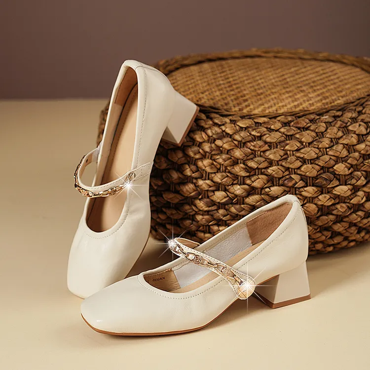 春季新款真皮单鞋女中跟粗跟玛丽珍方头浅口时尚职业通勤软皮女鞋
