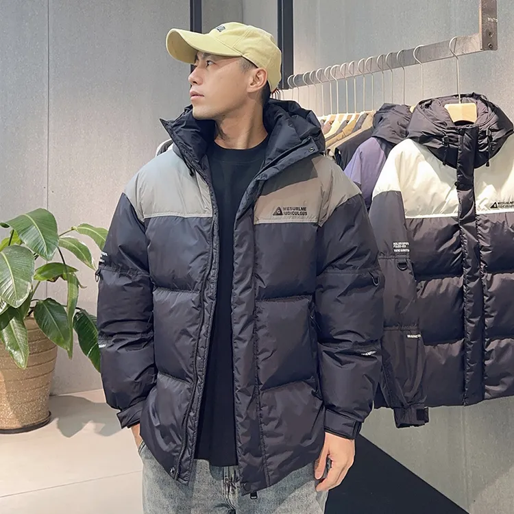 【加厚款】白鸭绒保暖宽松面包连帽羽绒服男2024冬季美式撞色外套