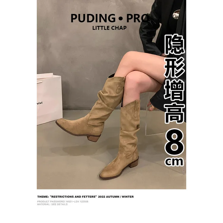 牛皮版~复古V口内增高长靴堆堆靴女保暖搭子秋冬小个子西部牛仔靴