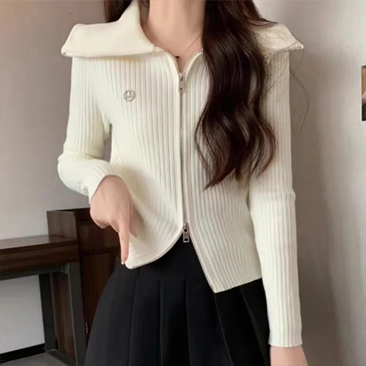 6141欧洲站秋冬新款双头拉链针织衫女开衫大翻领显瘦减龄长袖上衣