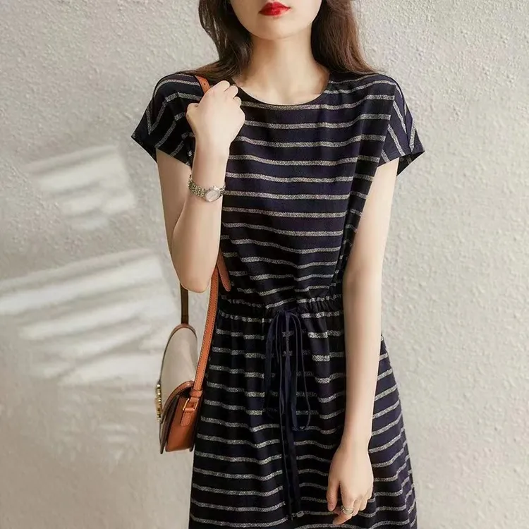 夏季新款针织连衣裙简约百搭条纹撞色连肩袖系带收腰打底裙5321