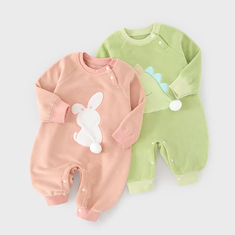婴儿加绒连体衣秋冬季新款男女宝宝爬服哈衣可爱肩开扣外出服宝宝