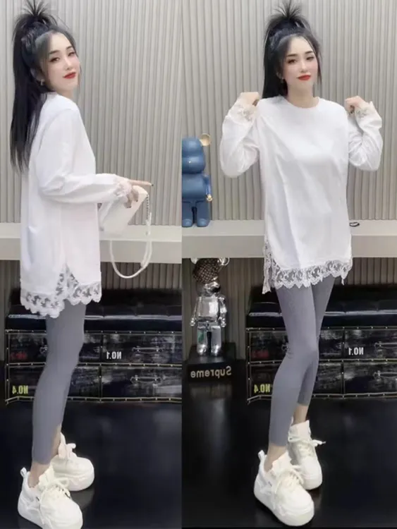 时尚设计感显瘦宽松长袖蕾丝拼接大版打底衫中长款T恤
