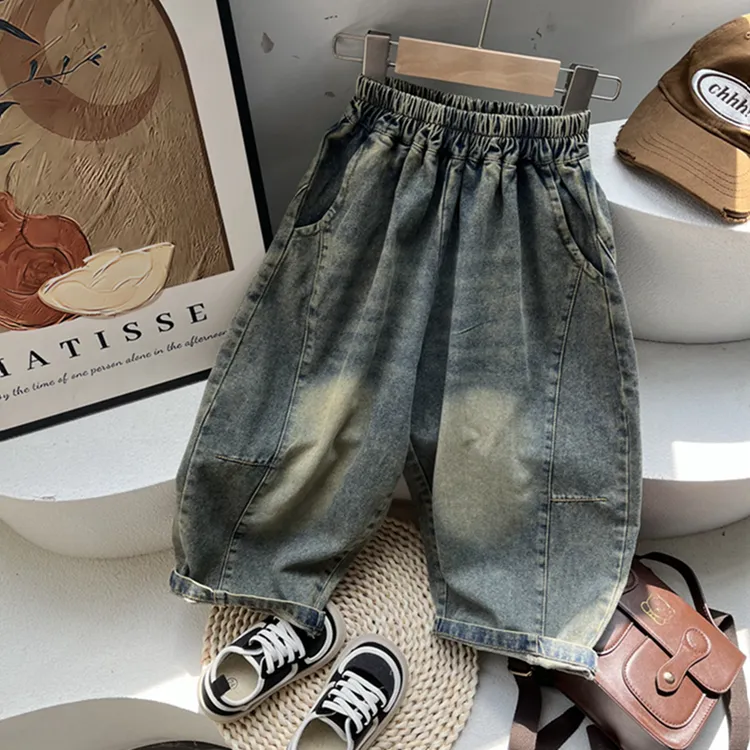 儿童春款韩版牛仔长裤男女童复古做旧裤子2024新款宽松洋气童装潮