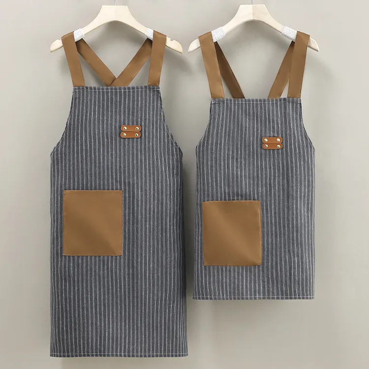 新款竖条纹交叉款围裙升级大口袋能装能放耐磨耐用餐饮店工作服