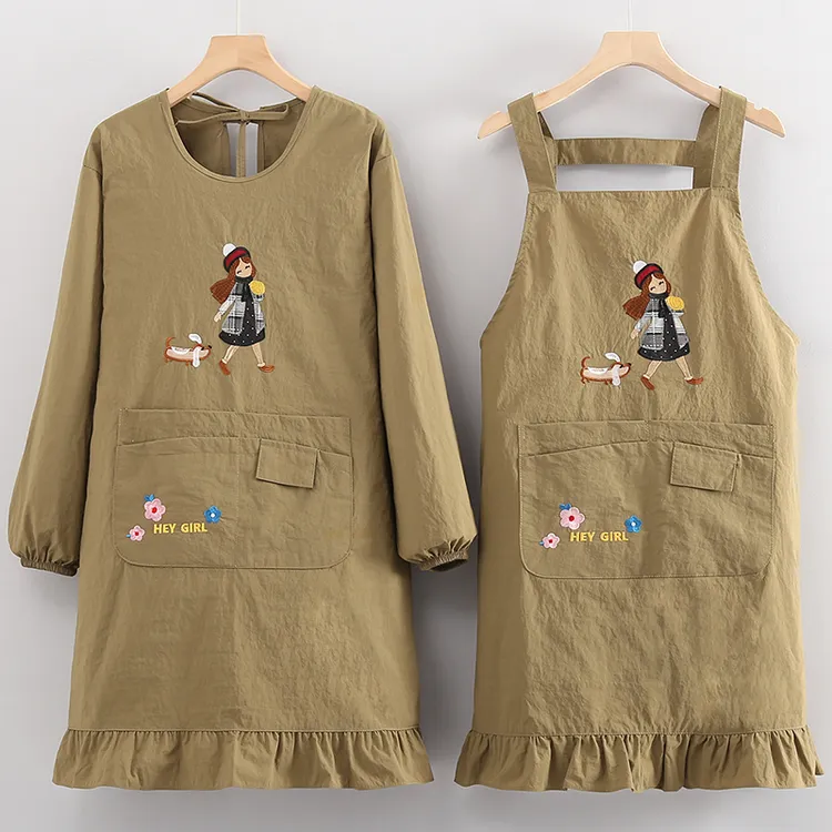 女士漂亮背带围裙新款刺绣厨房餐饮可用年轻人上班使用的长袖罩衣