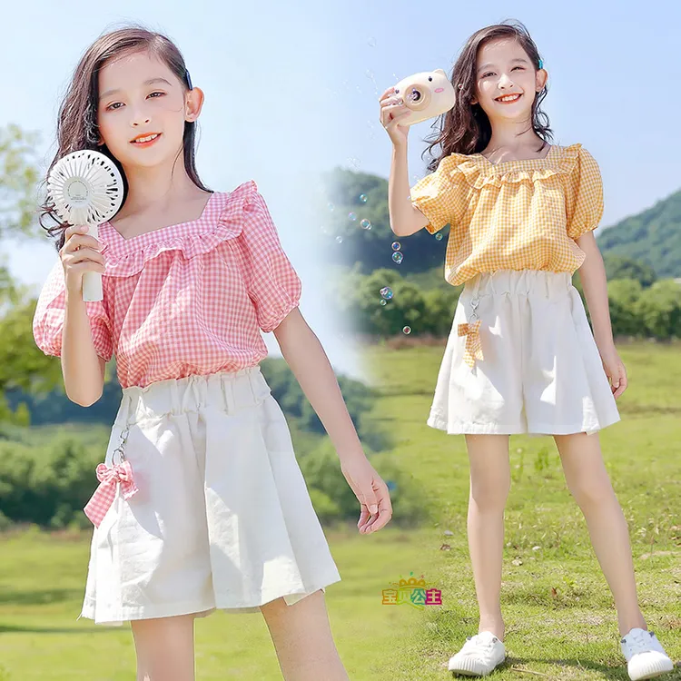 女童夏季套装韩版中大儿童网红洋气时髦格子短袖阔腿短裤两件套潮