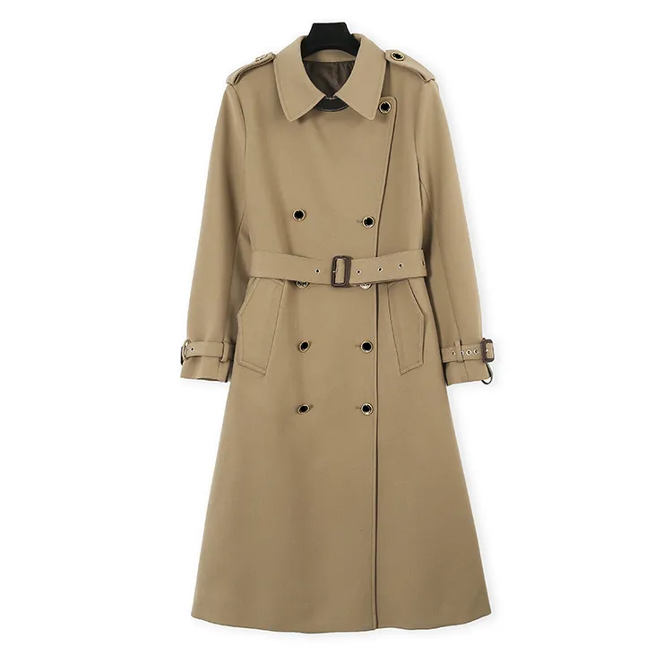 CELLENDI春秋双排扣英伦风中长款秋季气质时尚休闲百搭女士卡其色