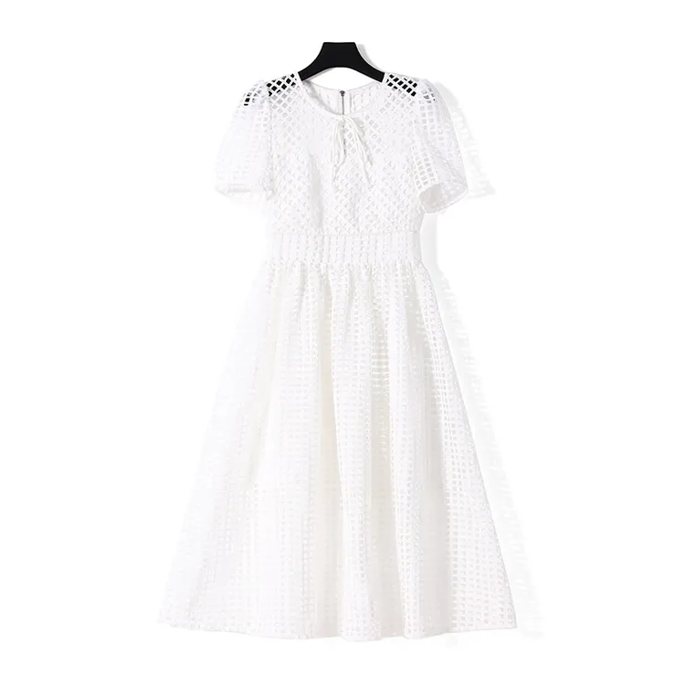 CELLENDI蕾丝显瘦气质白色时尚夏季法式泡泡袖收腰甜美女装连衣裙