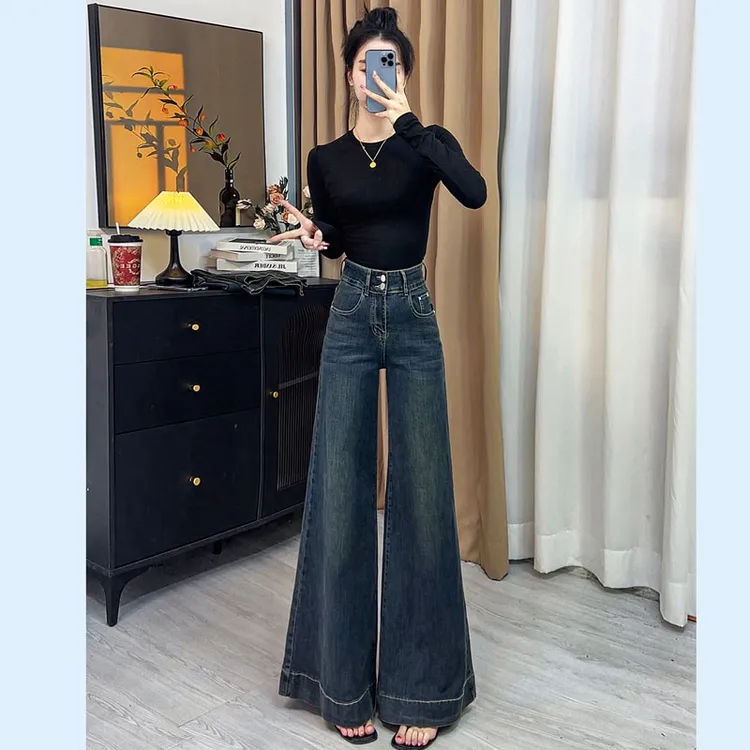 阔腿裤牛仔裤女高腰秋季新款弹力网红宽松直筒裤显瘦长裤潮7762