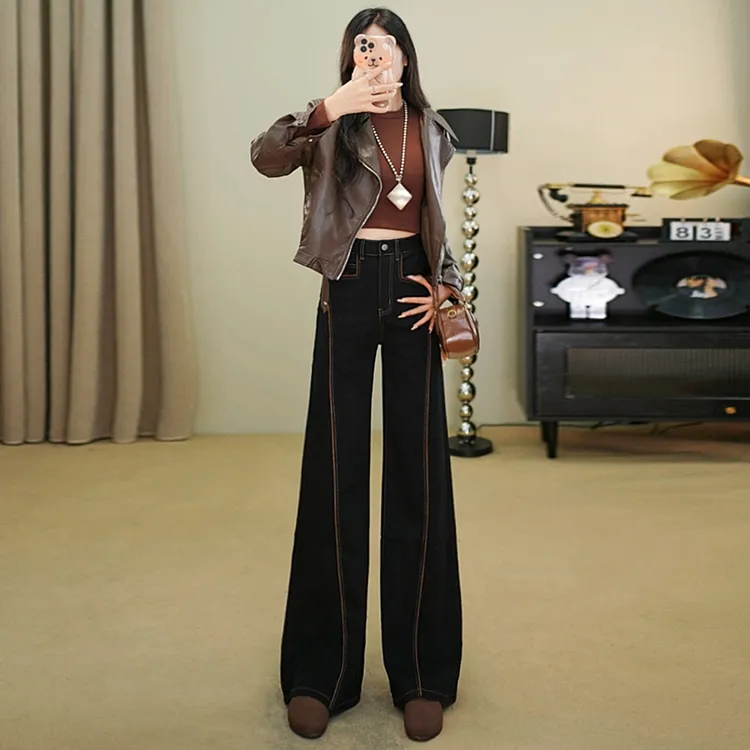 黑色高腰阔腿裤牛仔裤女2025年秋季新款直筒显瘦拖地长裤潮7795