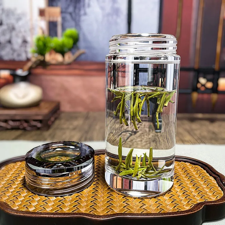 双层带盖玻璃杯便携小透明男女士杯子加厚耐热车载高档家用泡茶杯