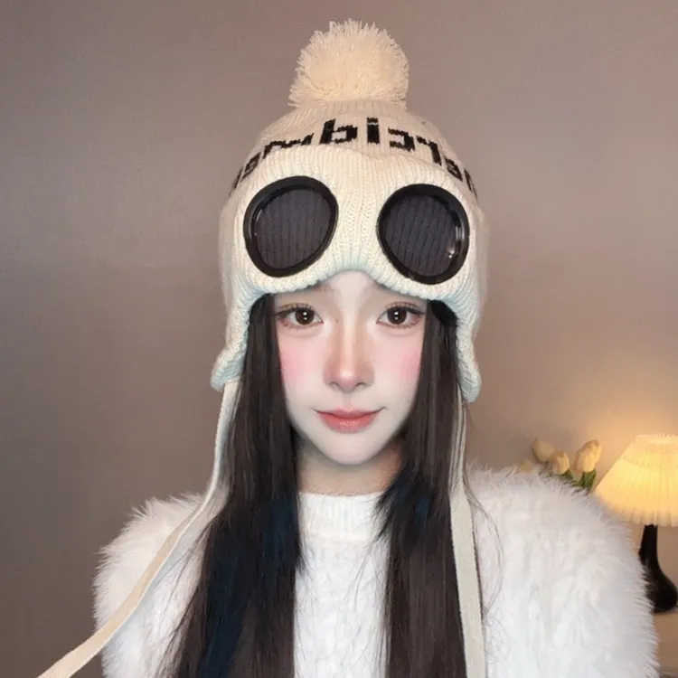 新款秋冬帽子女款防寒保暖护耳员眼镜帽毛球针织毛线帽时尚百搭