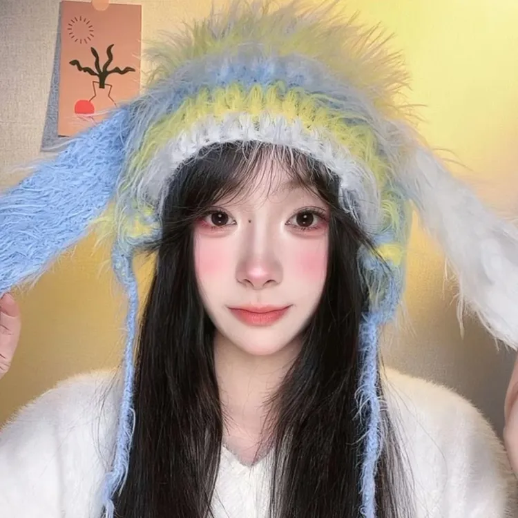 iu同款百搭毛绒狗狗针织帽甜美系毛线帽女秋冬防寒保暖护耳帽韩版