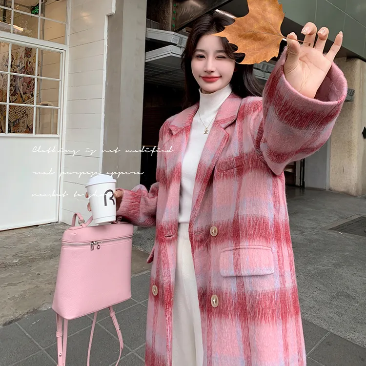 玫瑰粉格子高级感超好看大衣女秋冬2024韩版中长款西装式毛呢外套