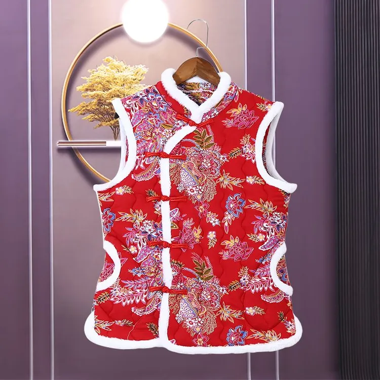 新款冬季马甲喜庆保暖加厚红色立领中式马夹盘扣民族风百搭中国风