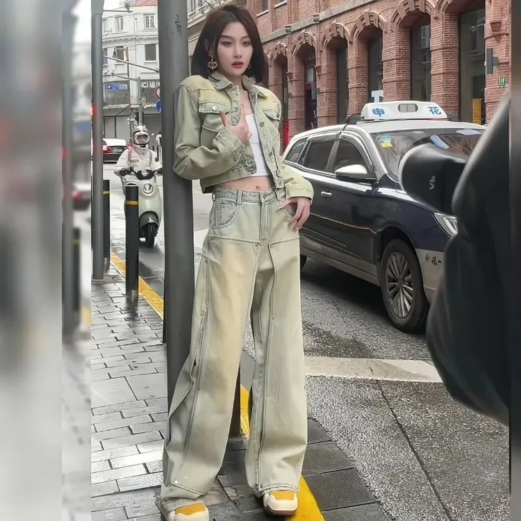 欧美高街网红爆款牛仔套装女水洗做旧牛仔美式复古洋气辣妹两件套