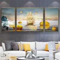 【升级款】《金帆风顺》客厅沙发三联挂画晶瓷镶钻装饰画壁画KT41