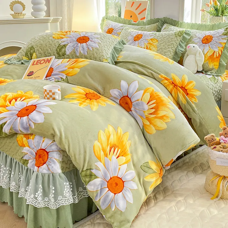 冬款加厚奶油风被套牛奶绒床盖四件套公主风加厚牛奶绒四件套装