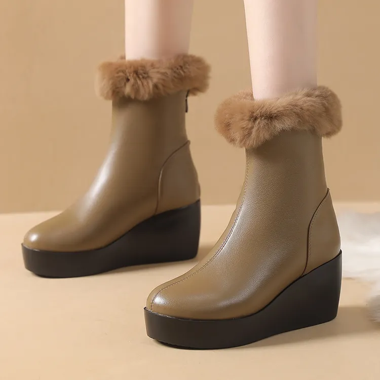  2024秋冬真皮厚底防水台短靴欧美时尚简约坡跟毛毛口松糕女靴