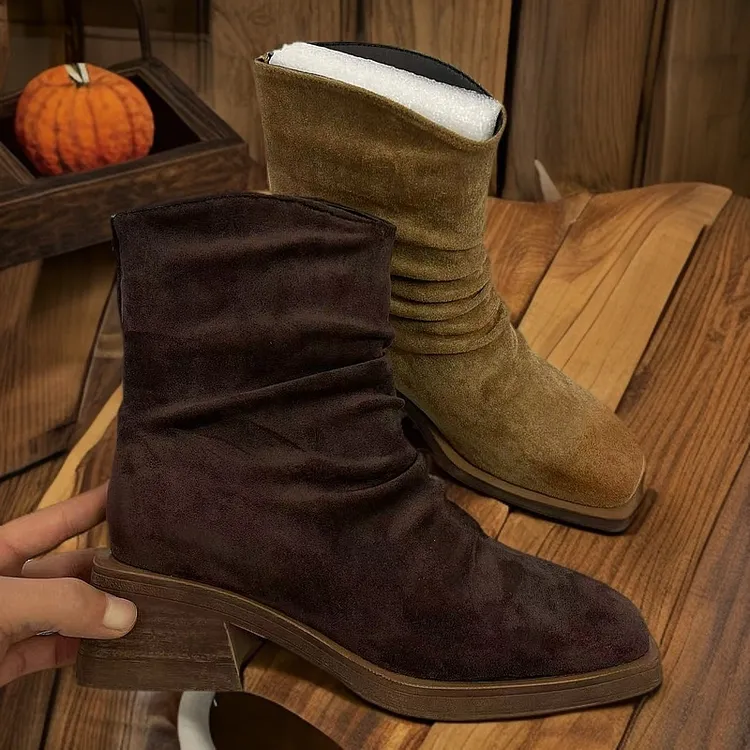 热风2024年冬季新款女士时尚复古短筒靴户外西部靴子粗跟显瘦女鞋