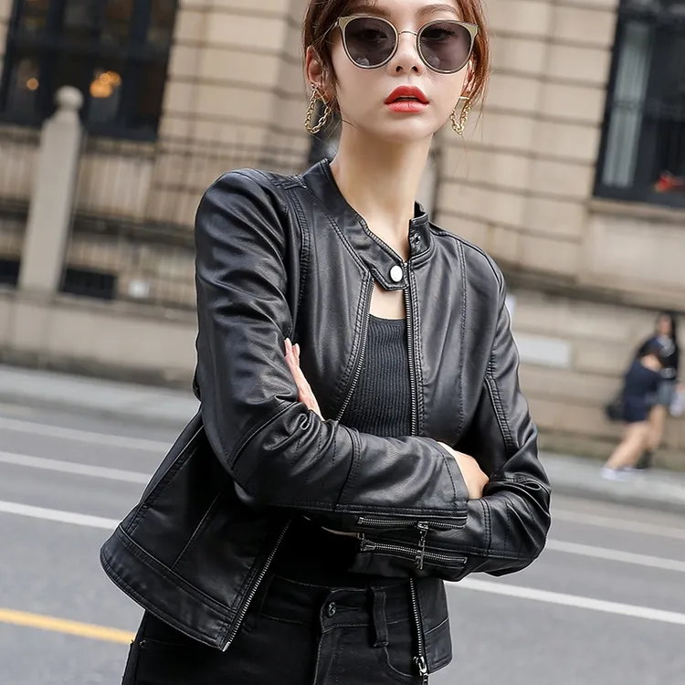 2025年秋冬新款皮衣女外套秋冬机车服立领海宁修身加厚pu皮夹克