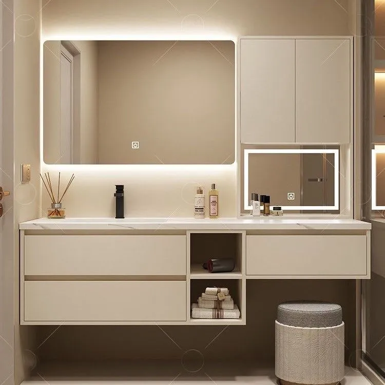 奶油风浴室柜定制岩板一体盆无缝卫生间多功能家用梳妆台组合