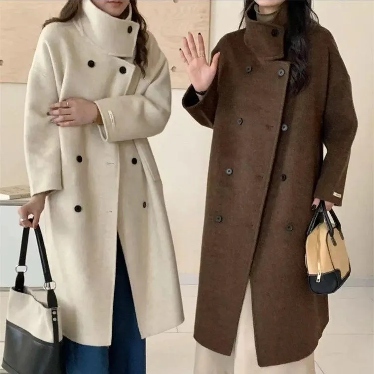 2024韩版立领双面呢大衣时尚设计师气质百搭宽松休闲羊毛大衣
