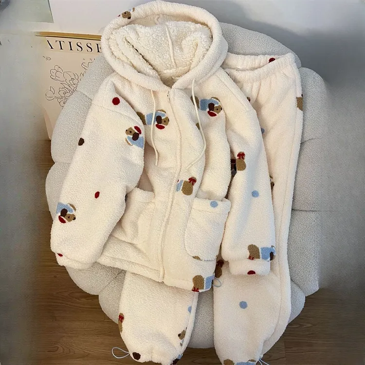 【加绒保暖】大码连帽卡通腊肠狗珊瑚绒睡衣款女冬季家居服套装外穿